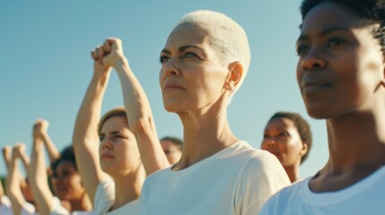 A diverse group of women stand together, arms raised in solidarity, their faces filled with determination and hope.