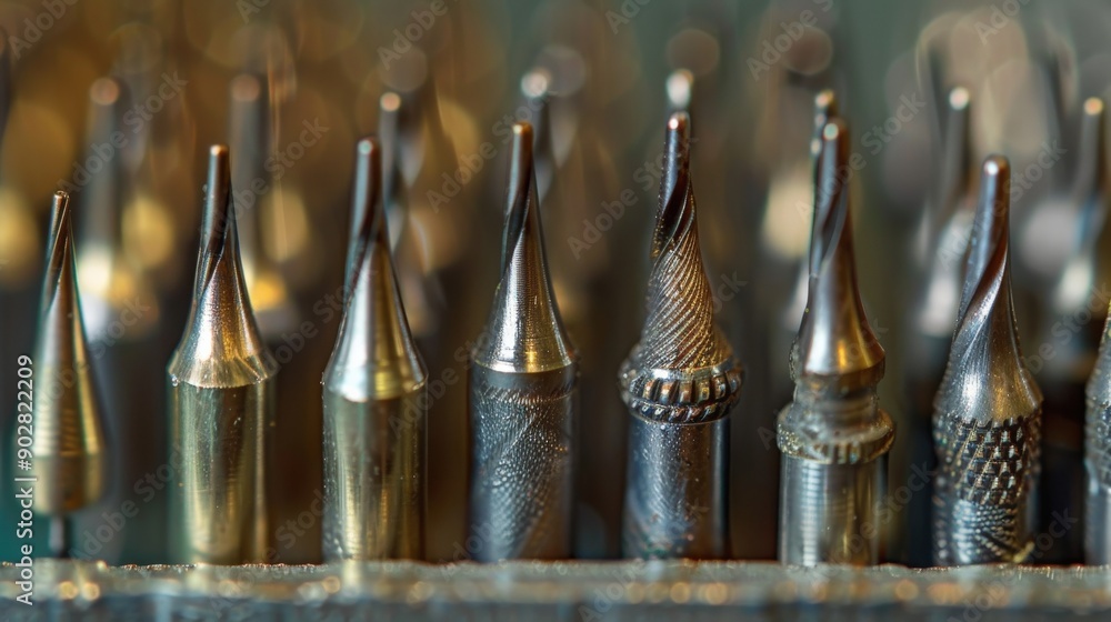 Poster a detailed view of multiple specialized soldering tips arranged on a workbench, showcasing their uni