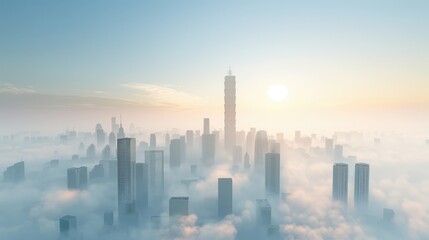 Obraz premium A futuristic cityscape emerges from the clouds at sunrise. The towering skyscrapers reach for the sky, creating a stunning display of urban architecture.