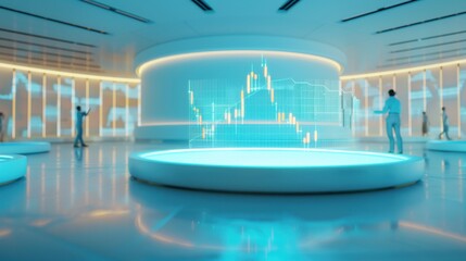 Fototapeta premium A futuristic office space with people interacting with holographic displays. The room is brightly lit and has a modern design.