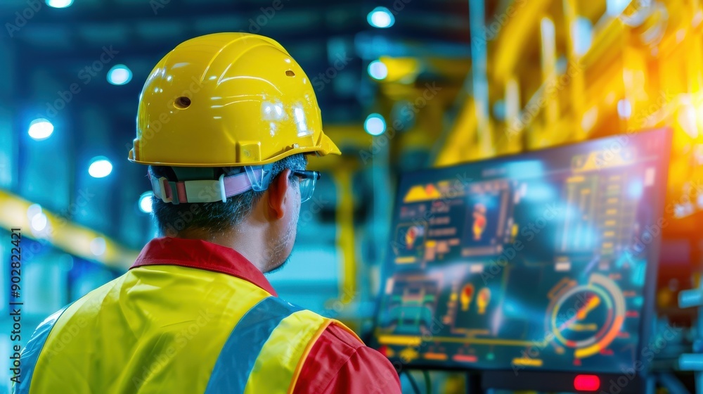 Poster a man in a yellow safety vest is looking at a computer screen. concept of focus and concentration as
