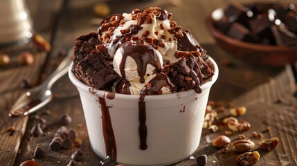 A decadent chocolate ice cream sundae with brownies, fudge sauce, and nuts.