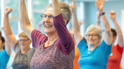 A group of seniors exercise together in a fitness class. They are all smiling and having fun.