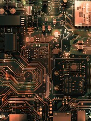 Fototapeta premium Detailed view of a circuit board showcasing intricate designs and electronic components for technology-themed projects.