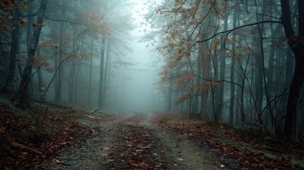 Fototapeta premium A dense fog covering a forest trail, creating a mysterious and eerie atmosphere.