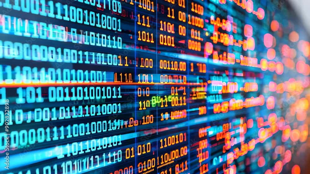 Aufkleber colorful digital binary data flow on screen with glowing elements. concept of big data, technology, 