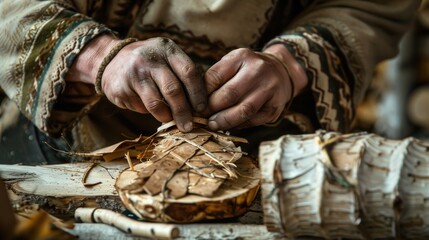 A Slavic craftsman skillfully shapes natural materials, showcasing traditional techniques in a cozy workshop filled with craftsmanship tools