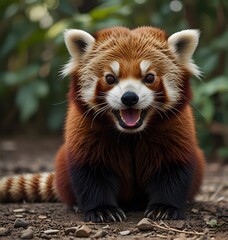 Global warming trouble red panda stick out tongue on the floor suffering from heat stroke and dehydrate.