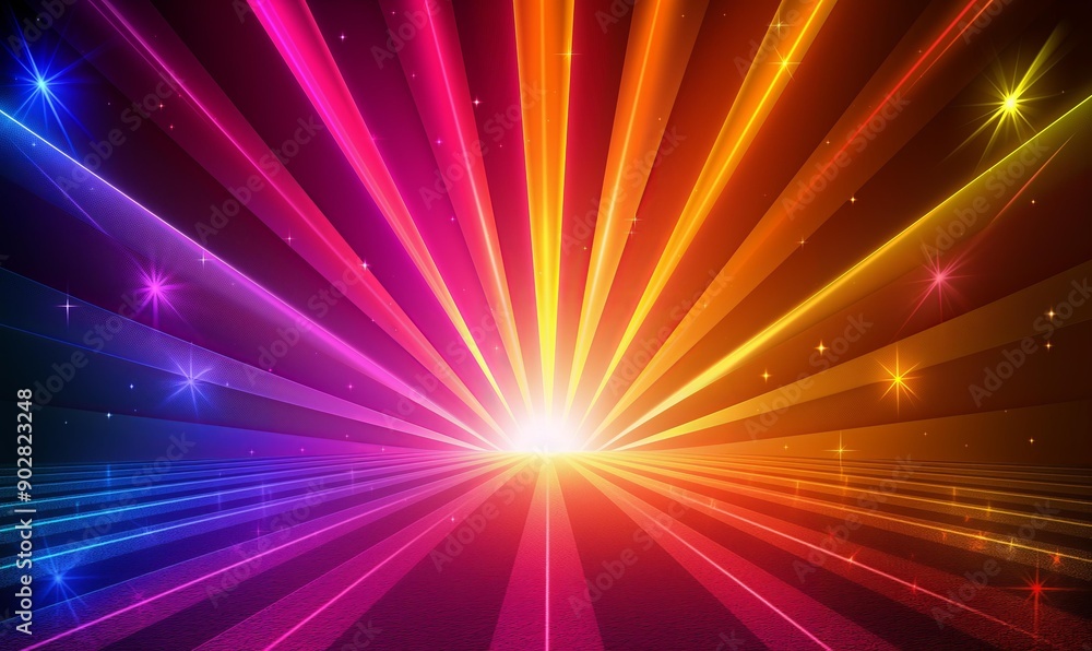 Poster an abstract arrangement of multicolored radiant beams and stars emanating from a bright light source