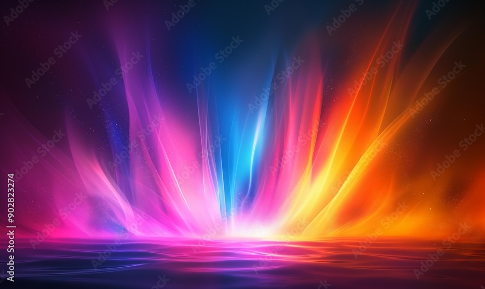 Poster an abstract background with vertical, multicolored lines blending from red and orange tones at the b