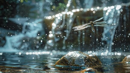 A dragonfly in mid-flight near a sparkling waterfall.