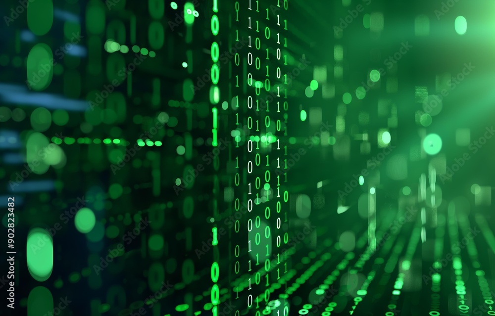 Poster close-up of green binary code and data streams in a digital background.