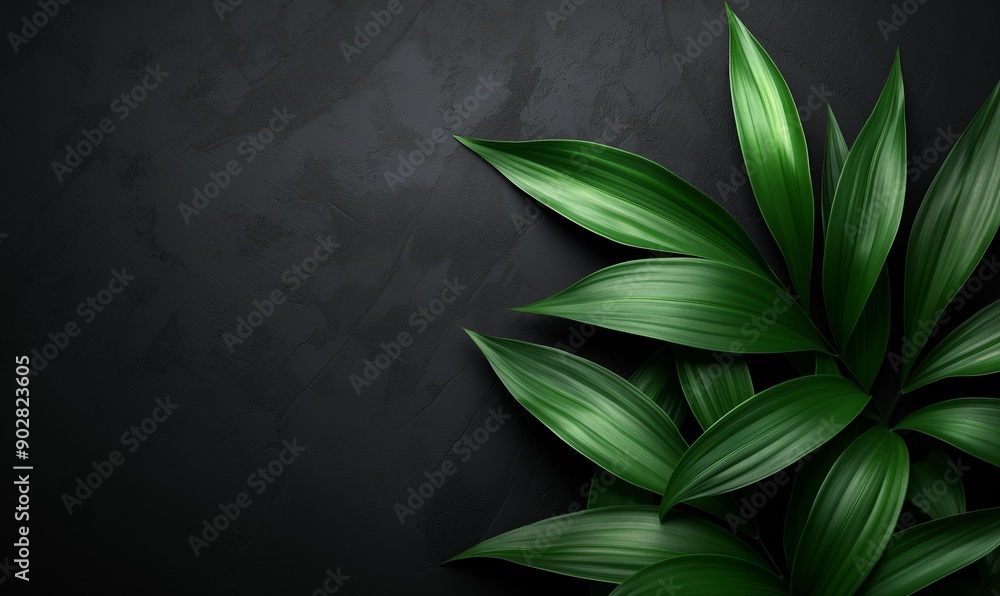 Poster a dark textured background with lush, glossy green leaves in the foreground, creating a minimalist n