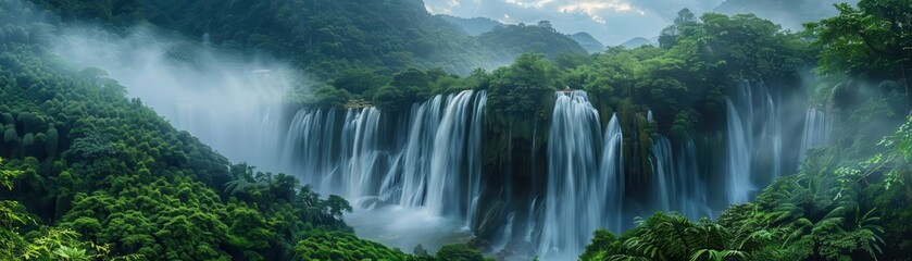 Naklejka premium Waterfalls flowing through lush greenery, viewed from a high angle, mist enveloping the scene, tropical paradise, vibrant colors, digital art, detailed texture
