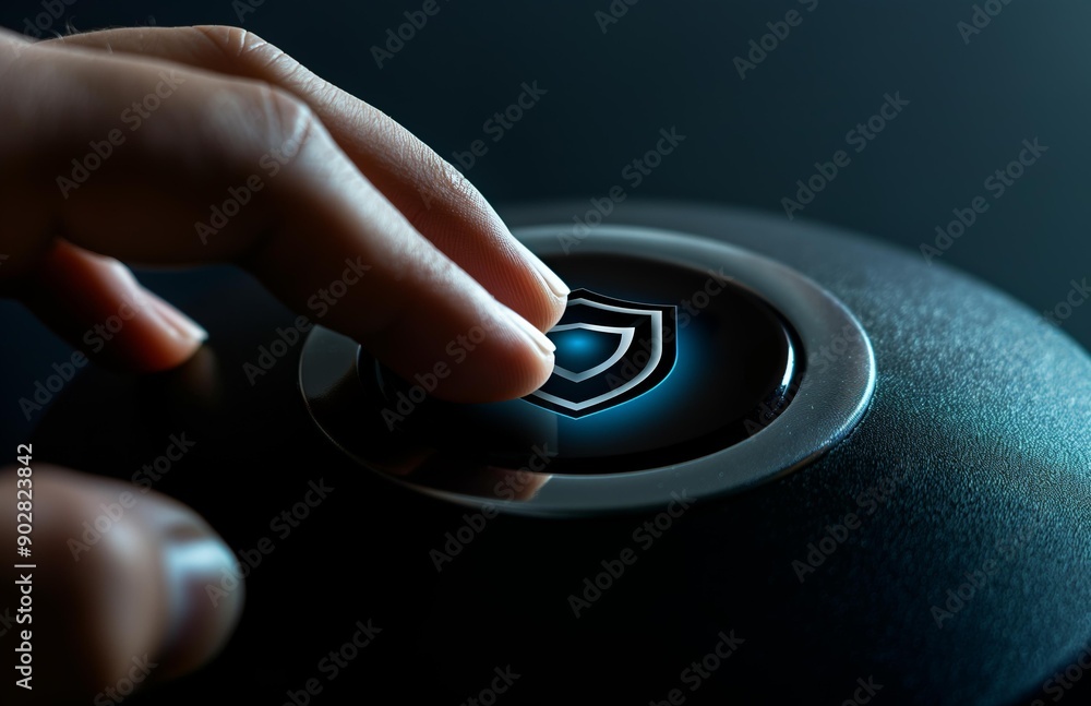 Poster close-up of a hand adjusting a security level on a digital button.