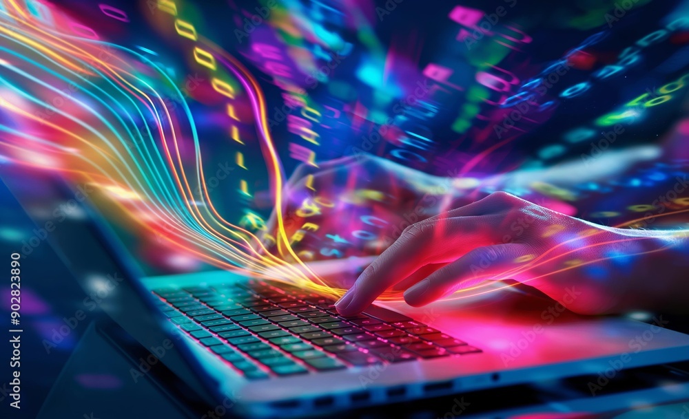 Poster a vibrant abstract painting featuring fluid shapes and light trails flowing from a laptop keyboard, 