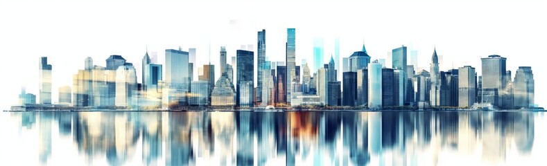 Fototapeta premium A modern city skyline with stylized skyscrapers and their reflections on a calm, glass-like surface.