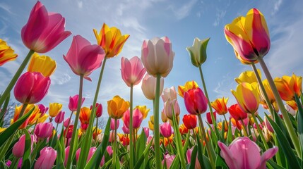 A field of blooming tulips in various colors, creating a stunning floral display.