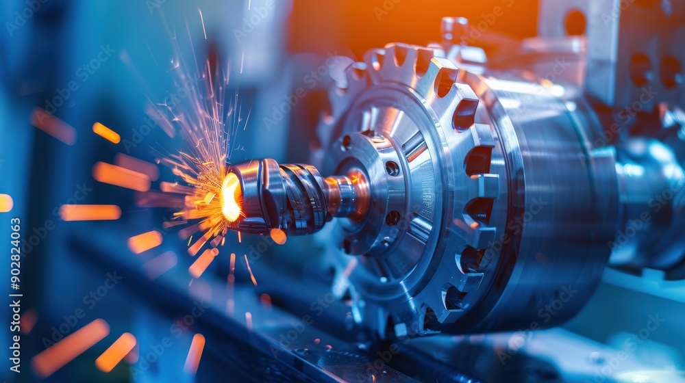 Poster a machine is cutting a piece of metal. concept of precision and control, as the machine is able to c