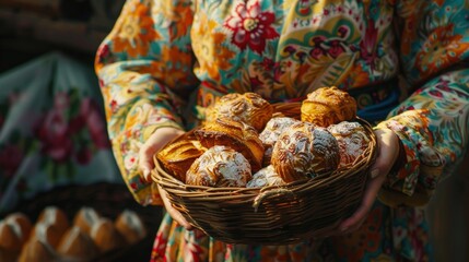 A Slavic woman, dressed in vibrant traditional attire, proudly presents a basket of freshly baked pastries at a festive market