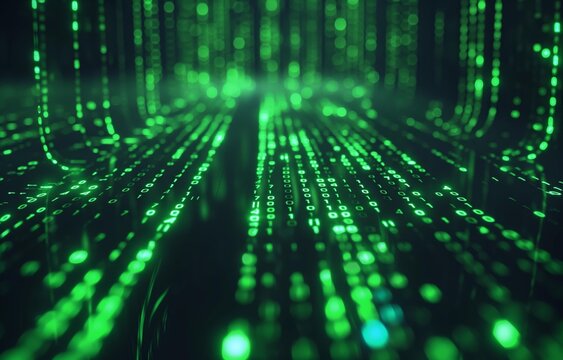 A futuristic digital data stream with glowing green binary code flowing in a matrix-style pattern.