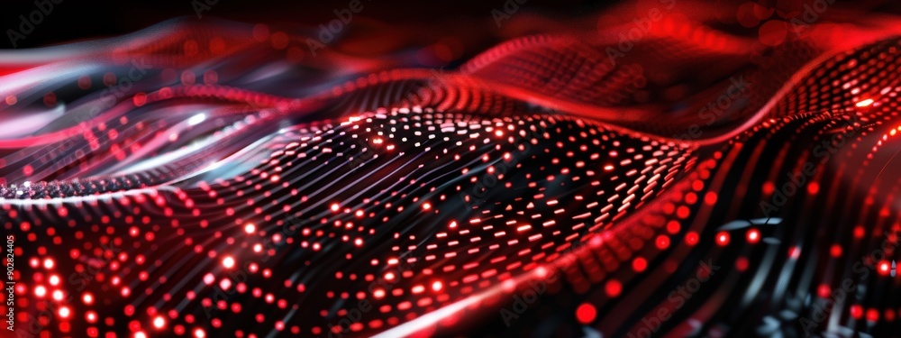 Poster a red and black wave with many dots. the image has a futuristic and abstract feel to it