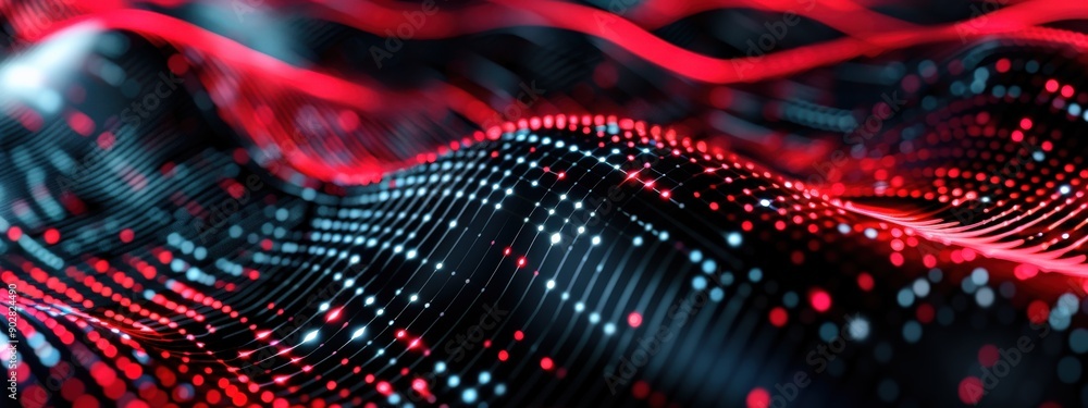 Poster a red and black wave with many dots. the image has a futuristic and abstract feel to it
