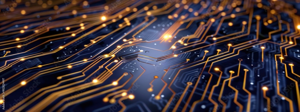 Poster a close up of a computer chip with orange and black lines. concept of complexity and intricacy, as t