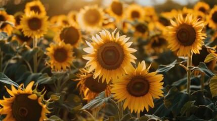 A field of sunflowers in full bloom, their heads facing the bright sun.