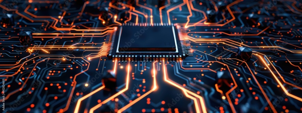 Poster a computer chip is shown in a black and orange background. the chip is surrounded by a network of wi