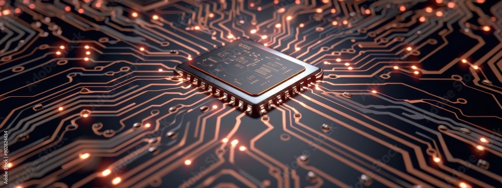 Poster a computer chip is shown in a black and orange background. the chip is surrounded by a network of wi