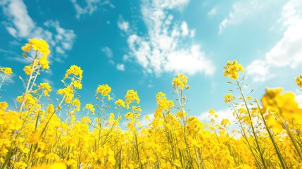 Obraz premium A field of vibrant yellow canola flowers under a bright blue sky.