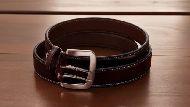 Beautiful abd classic, elegant leather belt with a silver buckle, coiled on a wooden table,