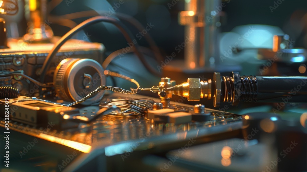Poster a close-up view of a soldering station actively assembling electronic components, showcasing intrica