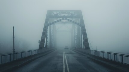 A fog-covered bridge with cars barely visible through the thick mist.