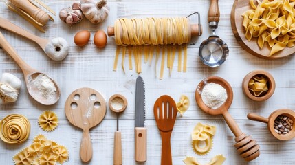 A flat lay of kitchen utensils for pasta making including a pasta roller, cutter, and wooden spoon.