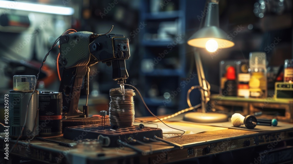 Poster a detailed view of a soldering station surrounded by various tools and materials in a workshop illum