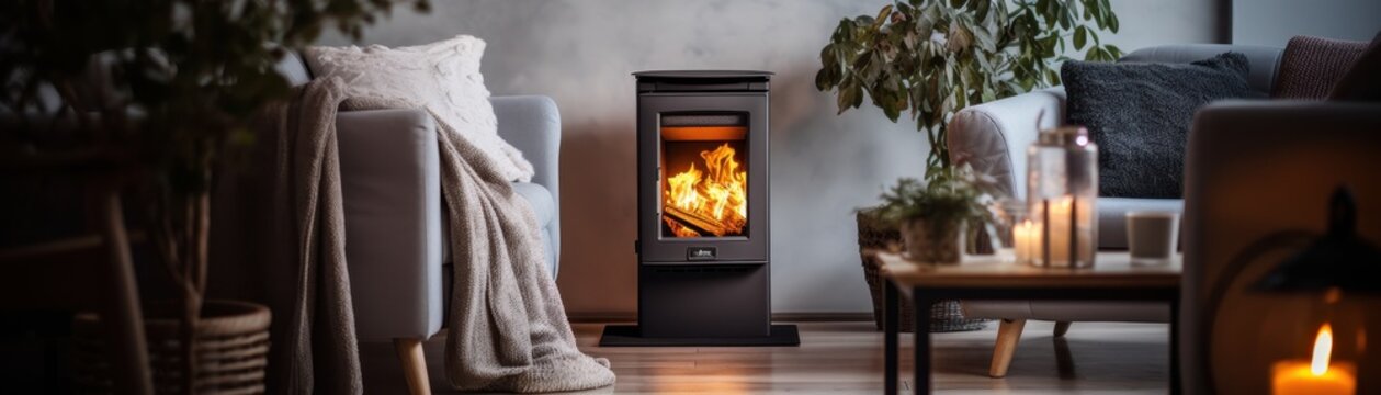 A wood burning stove is lit in a living room with a vase of flowers on a table