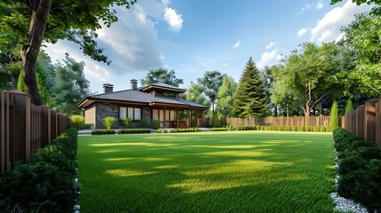Grass lawn and brown wooden fence backyard country house