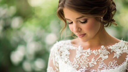 Naklejka premium Elegant Bride in High Fashion Lace Wedding Gown Amid Romantic Garden Setting