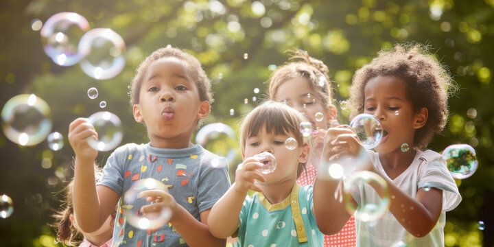 Happy group of diverse children playing and blowing bubbles outside on a sunny day, enjoying playful moments together.