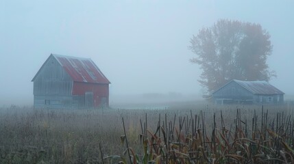 A foggy morning in a rural area, with barns and fields shrouded in mist.