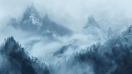 A foggy mountain landscape with peaks emerging from the thick mist.