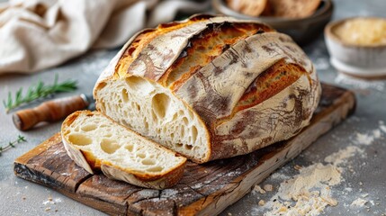 A freshly baked loaf of artisan sourdough bread, sliced and ready to serve, on a rustic wooden cutting board.
