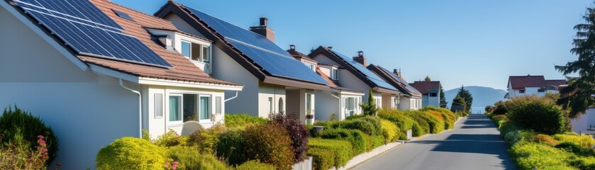 A row of houses with solar panels on the roofs. The houses are all white and have green bushes in front of them. The street is lined with trees and the houses are situated on a hill