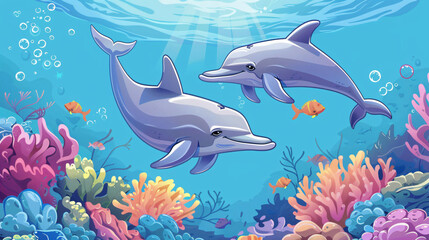 Two dolphins are swimming gracefully over a coral reef in the ocean, surrounded by colorful fish and marine life