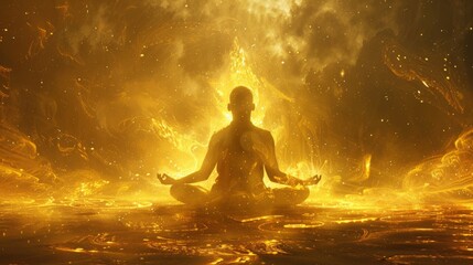 a golden silhouette of human meditate with golden background