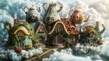 Fototapeta premium A whimsical village with houses shaped like teapots, vibrant gardens, floating in a sea of clouds, surreal and dreamy, pastel colors, high detail, fantasy art, digital painting