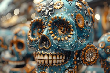 Fototapeta premium Colorful Decorative Skull Display Celebrating Cultural Tradition in Artisan Market at Night