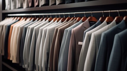 A row of clothes hanging on a rack, including a blue jacket and a brown jacket. The clothes are neatly hung and organized